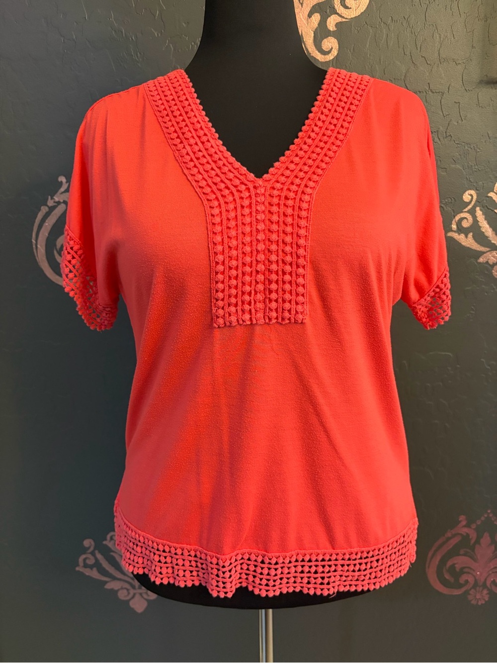 Coral Crochet-Trim V-Neck Blouse